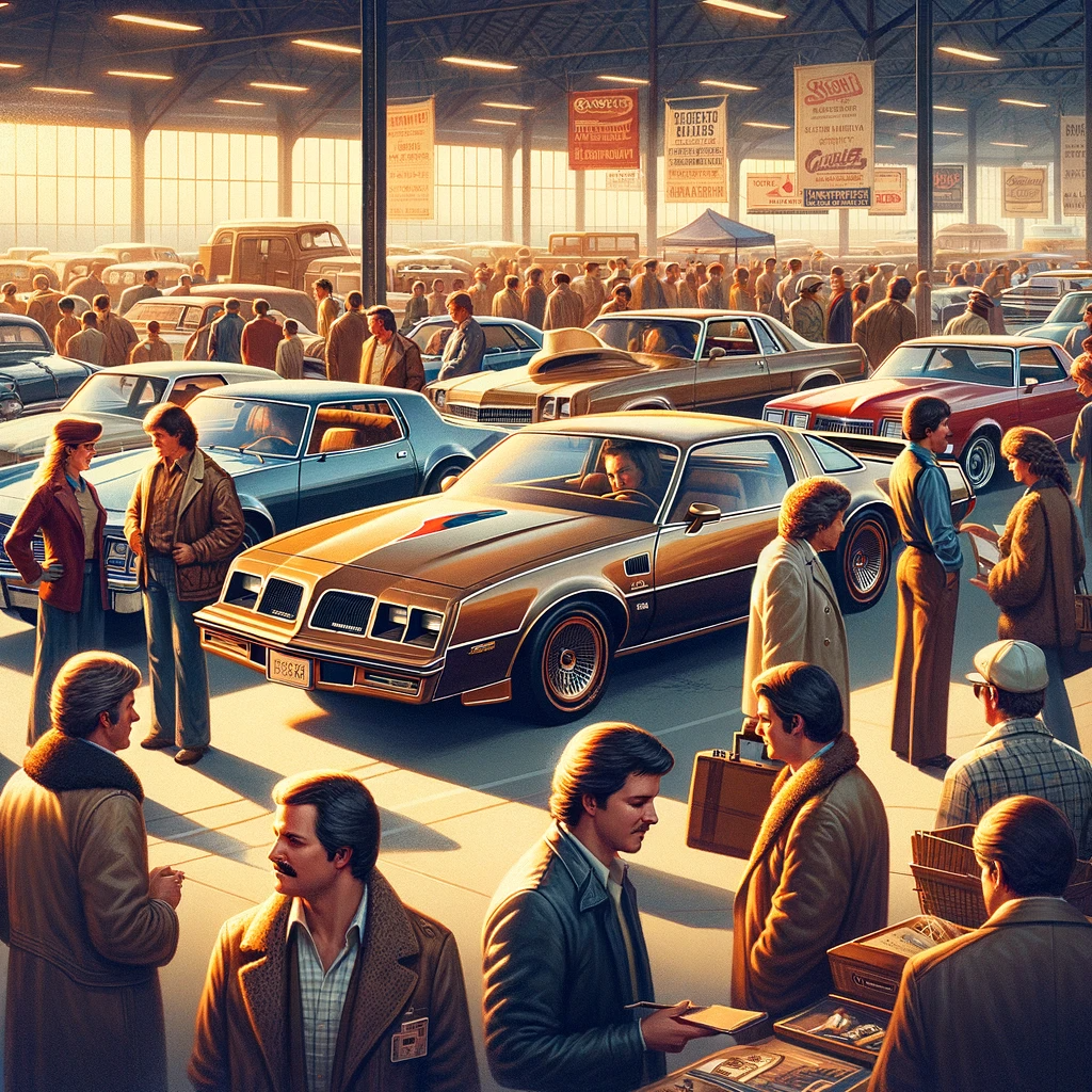 A bustling vintage car auction or auto show scene from the 80s featuring classic cars with a focus on a model similar to the 1989 Pontiac Turbo Grand