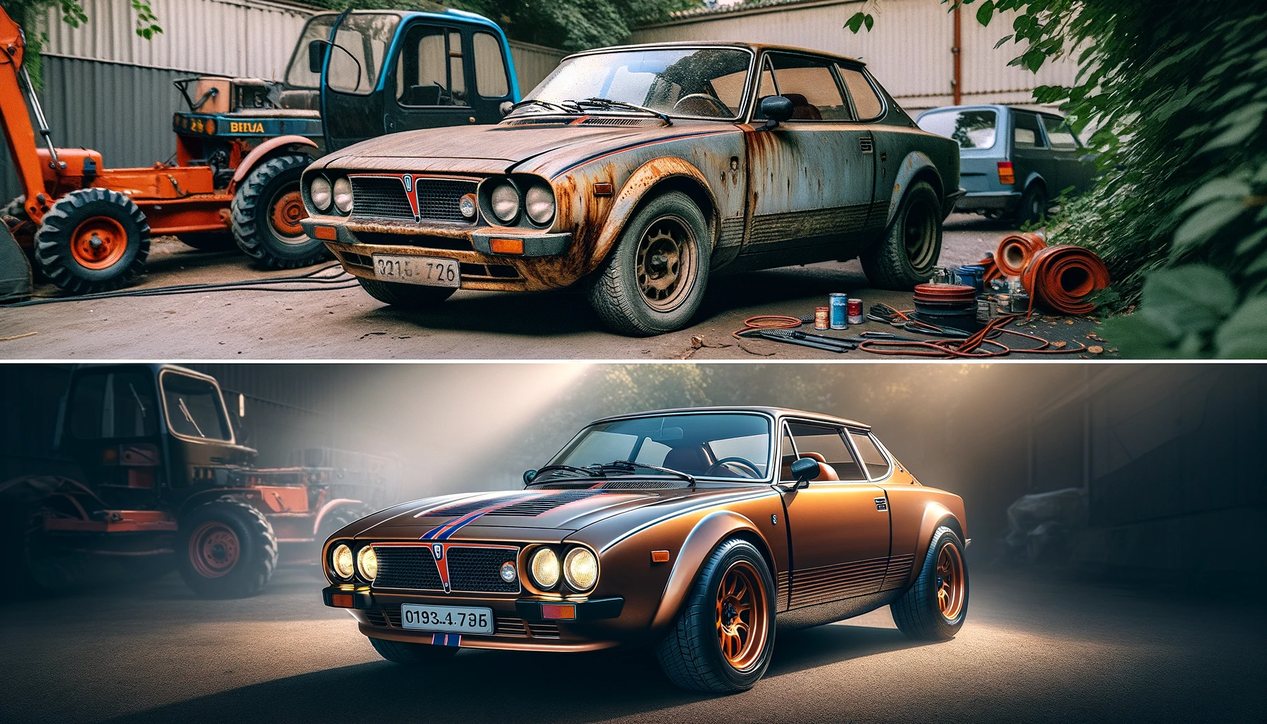 A series of before and after photos of the 1977 Lancia Scorpion