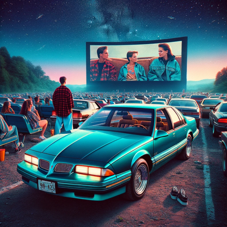 D A teal 1994 Pontiac Grand Am at a drive in movie theater surrounded by 90s cars