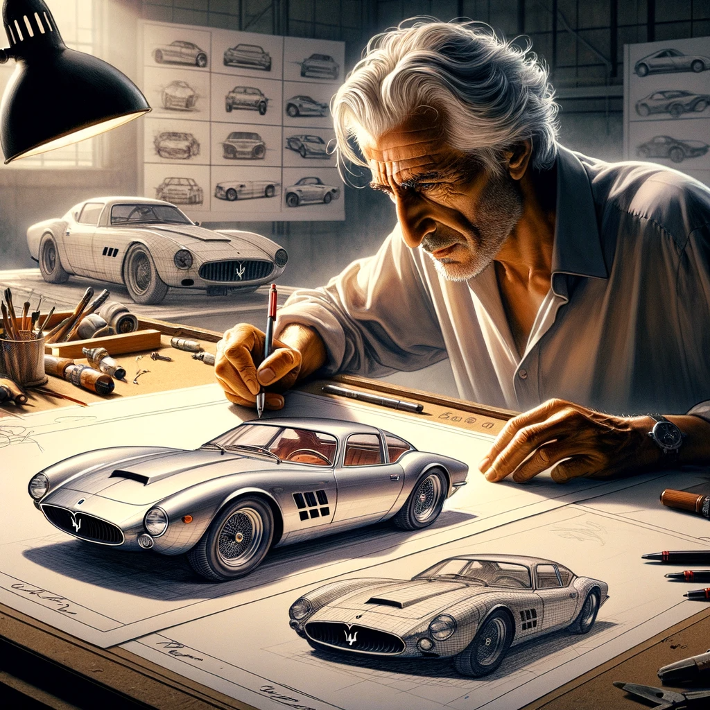 Giorgetto Giugiaro at his drawing board with sketches of the Maserati Bora