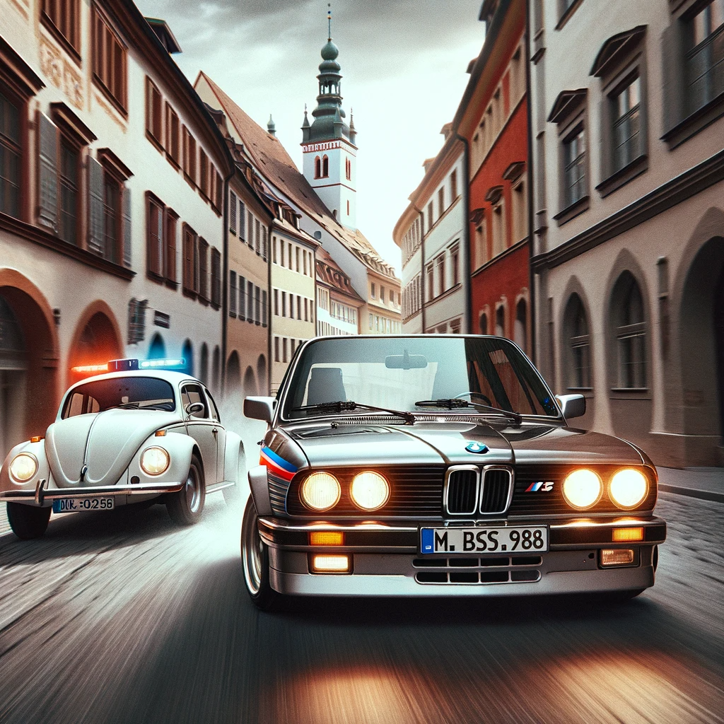 The retro police car chase scene with the Beetle and BMW in Wurzburg
