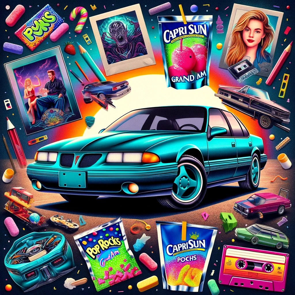 the teal 1994 Pontiac Grand Am surrounded by 90s pop culture references