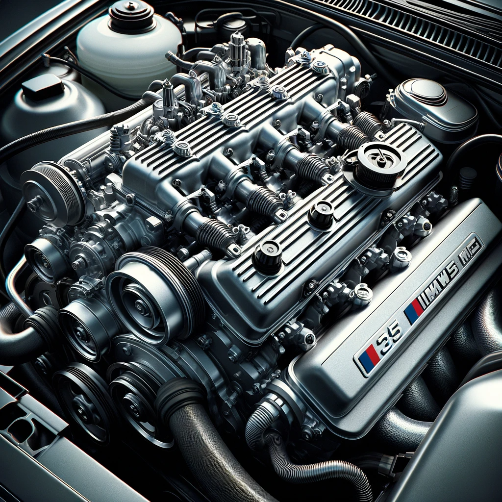 A detailed image of the 3.5 liter inline six engine of the 1987 BMW M5