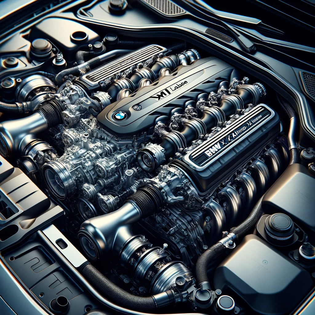A detailed image of the BMW XM Labels 4.4 liter twin turbo V 8 engine