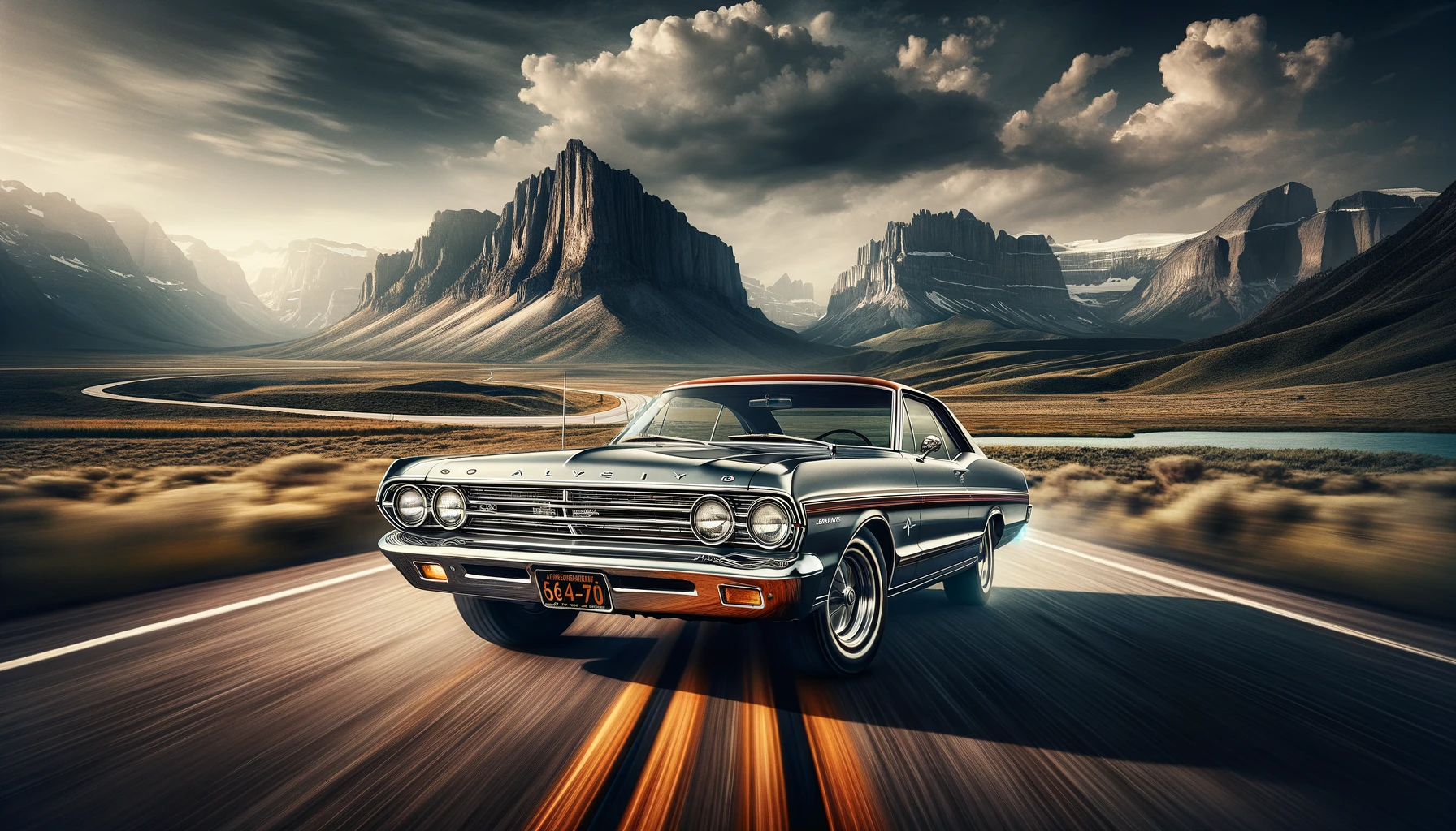 A dynamic shot of the 1968 Ford Galaxie 500 Fastback cruising on an open road