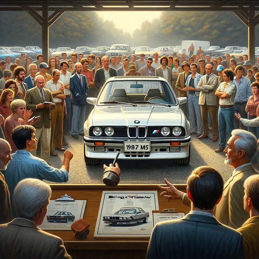 An auction scene featuring the 1987 BMW M5 at the Bring a Trailer event