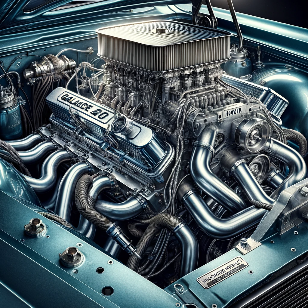 The rebuilt 390 cubic inch V 8 engine under the hood of the 1968 Ford Galaxie 500