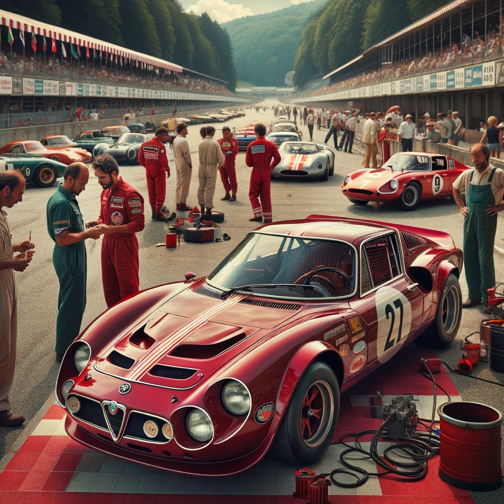Vintage Race Day Scene with a 1971 Alfa Romeo GTV 1750
