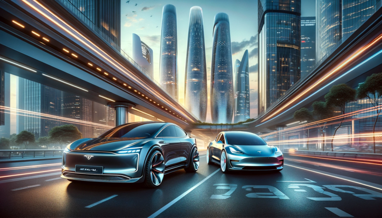 the 2024 BYD Seal and Tesla Model 3 side by side on a futuristic roadway