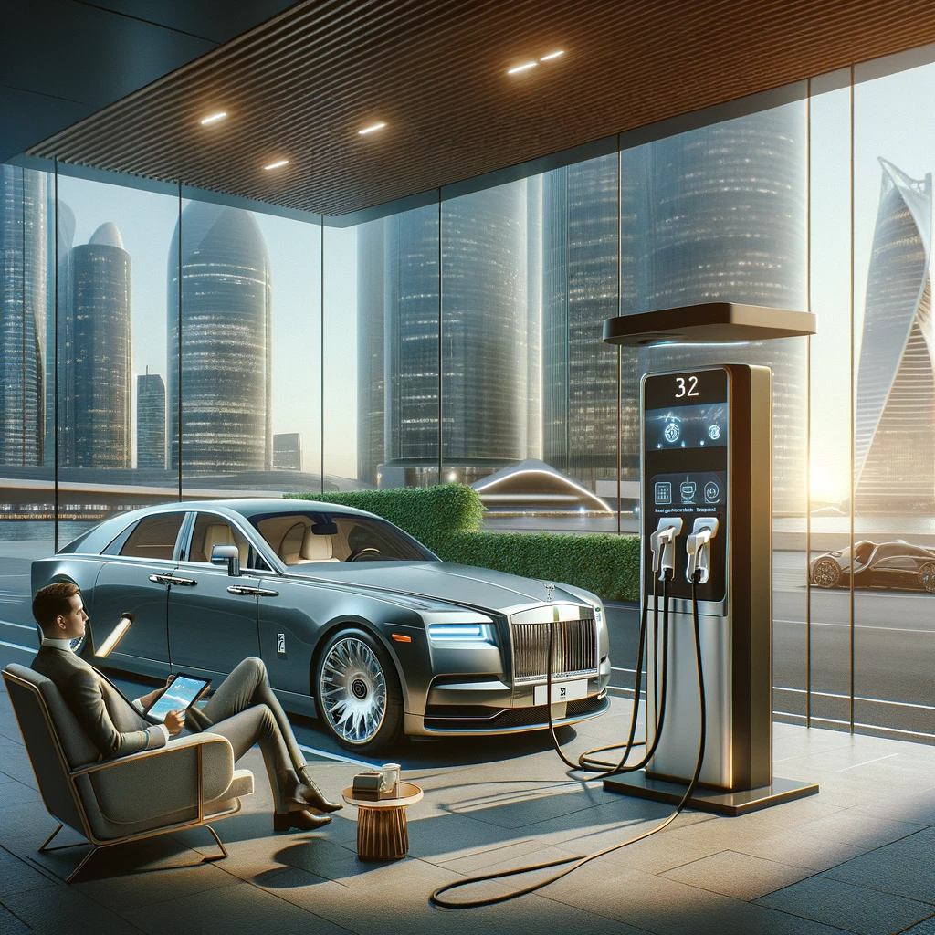 the Rolls Royce Spectre at a high end electric vehicle charging station